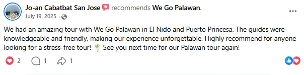 Facebook review from Jo-an Cabatbat San Jose, July 19 2025, recommending We Go Palawan: "We had an amazing tour with We Go Palawan in El Nido and Puerto Princesa. The guides were knowledgeable and friendly, making our experience unforgettable. Highly recommend for anyone looking for a stress-free tour! See you next time for our Palawan tour again!"