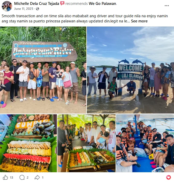 Facebook review from Michelle Dela Cruz Tejada, June 11 2025, recommending We Go Palawan: "Smooth transaction and on time sila also mababait ang driver and tour guide nila na enjoy namin ang stay namin sa puerto princesa palawan always updated din, legit na le..." Attached photos show the group at the Underground River welcome sign, at the Luli Island welcome sign, a spread of grilled seafood and fruit, the group posing with the food spread, and guests on a tour boat wearing life vests.